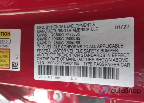 2022 Honda Accord Sport 2.0T from USA, damaged, VIN 1HGCV2F33NA004185